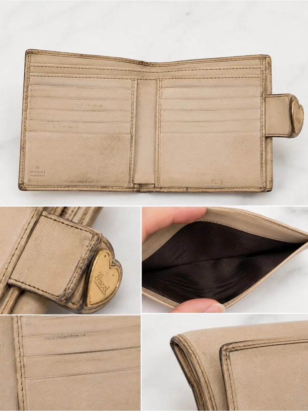 Vintage Gucci GG Monogram Heart Logo Leather Bifold Wallet Beige - Picture 7 of 8